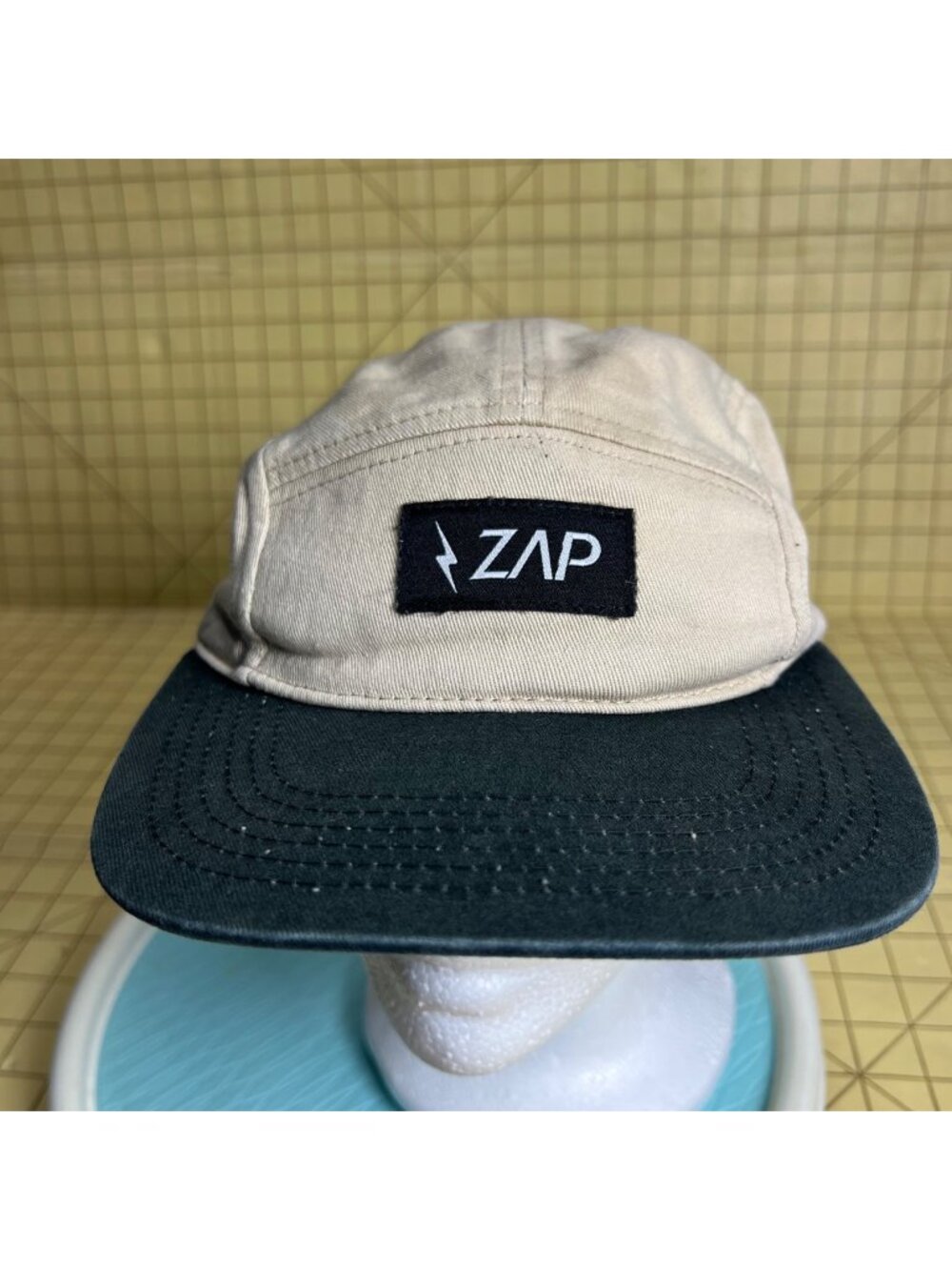 Zap Beige & Black 5-Panel Adjustable Strapback Hat With Embroidered Logo